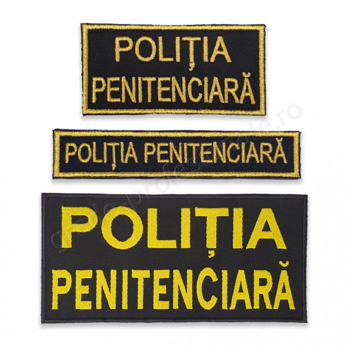 embleme brodate cu textul "POLITIA PENITENCIARA" pe suport textil negru