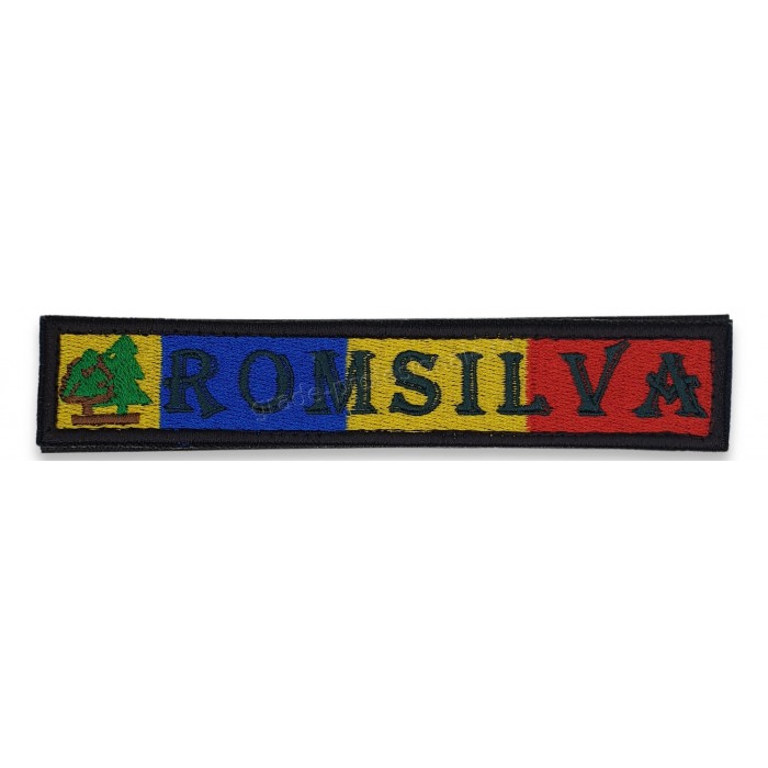 emblema tricolor cu text "ROMSILVA" brodata in intregime pe suport textil