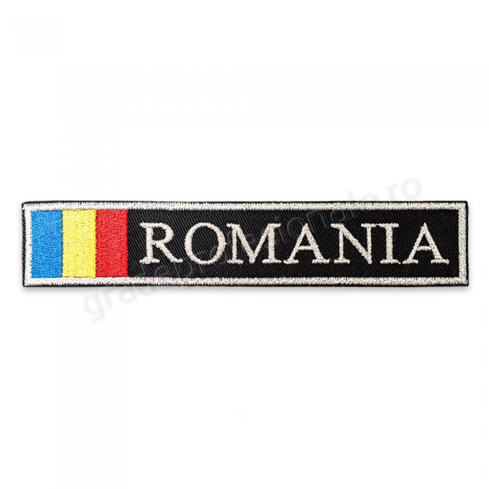 Ecuson "ROMANIA" cu fir metalizat argintiu brodata pe suport textil negru