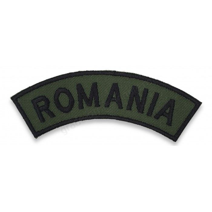 Drapel semirotund "ROMANIA" verde oliv brodat pe suport textil