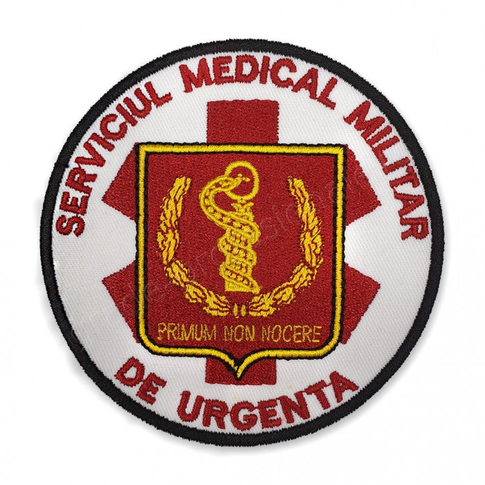 emblema Serviciul Medical Militar de Urgenta brodata pe suport textil alb