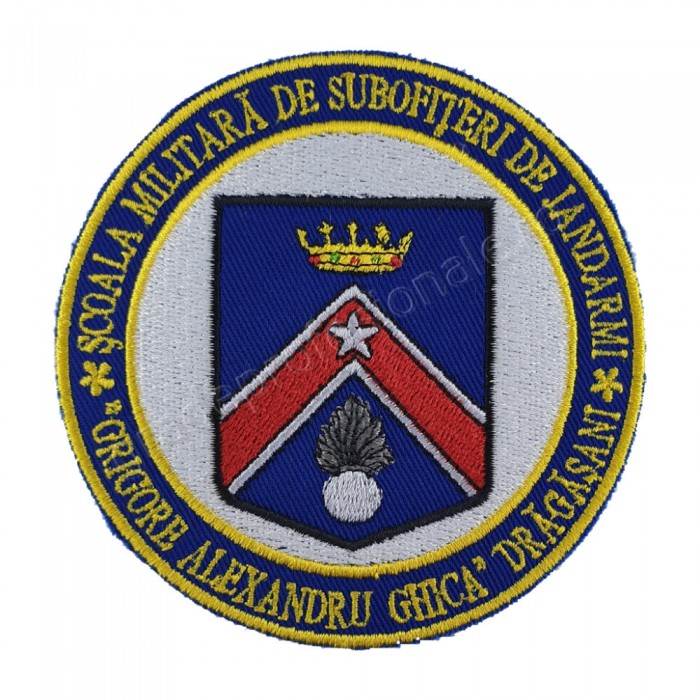 Emblema Scoala de Subofiteri Jandarmerie Dragasani brodata cu insemnul heraldic al unitatii