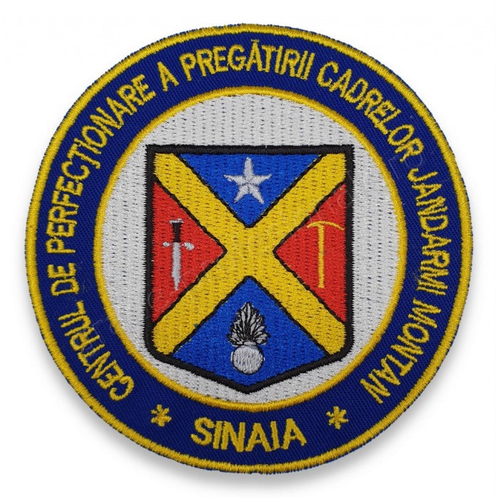 Emblema Centrul de Perfectionare Montan Sinaia brodata cu insemnul heraldic al unitatii