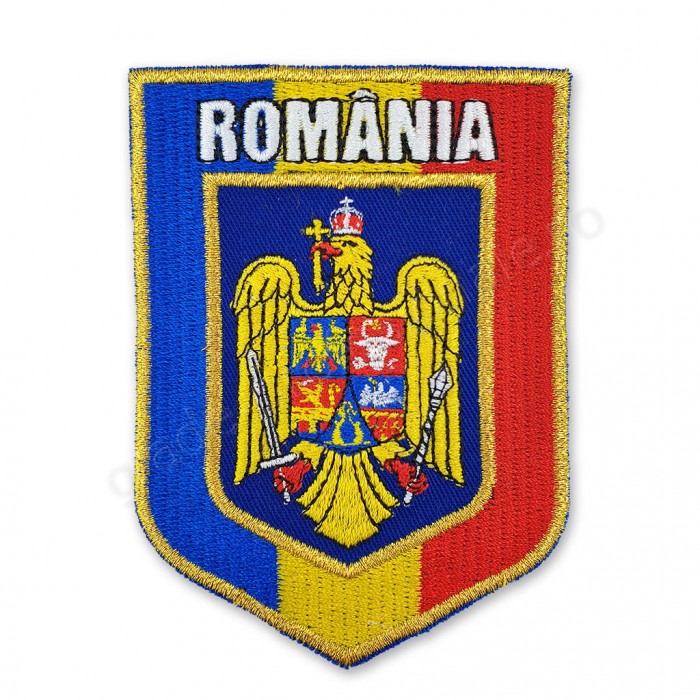 Emblema Stema Romaniei incadrata in drapel