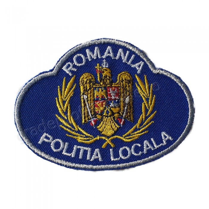 emblema de coifura politia locala 2 brodata pe suport textil albastru