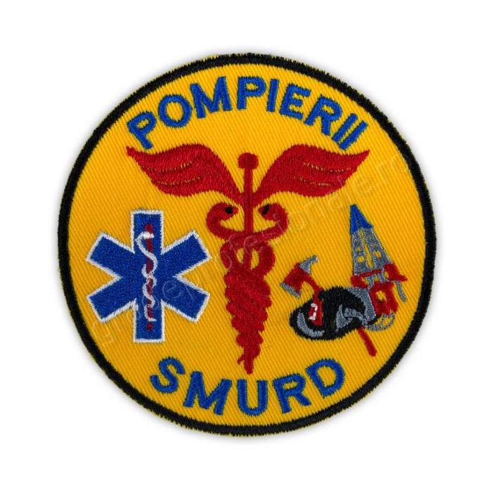 Emblema POMPIERII SMURD brodata pe suport textil galben 