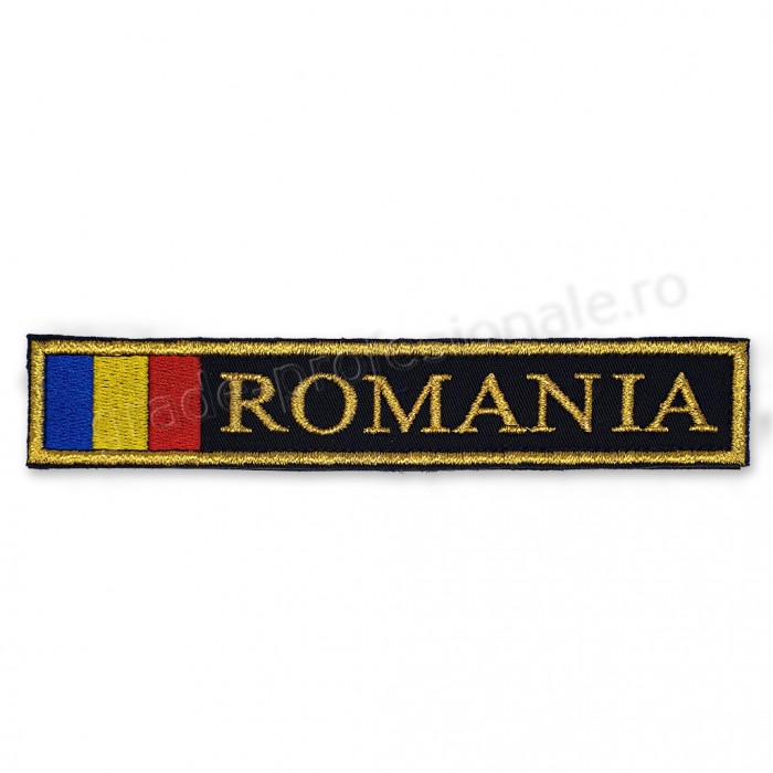 Ecuson "ROMANIA" cu fir metalizat argintiu brodata pe suport textil negru