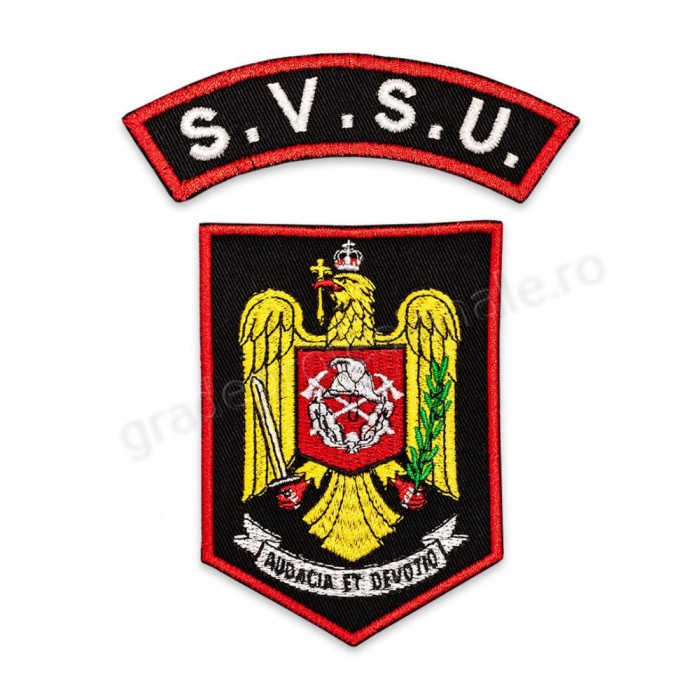 emblema maneca svsu brodata pe suport textil de culoare neagra