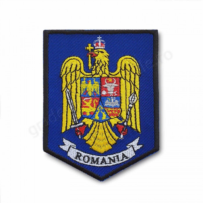 Emblema stema Romaniei brodata pe suport textil de culoare albastra