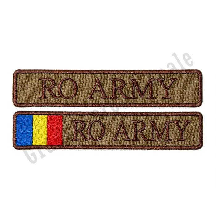 ecuson brodat cu text "RO ARMY" pe suport textil kaki forte terestre