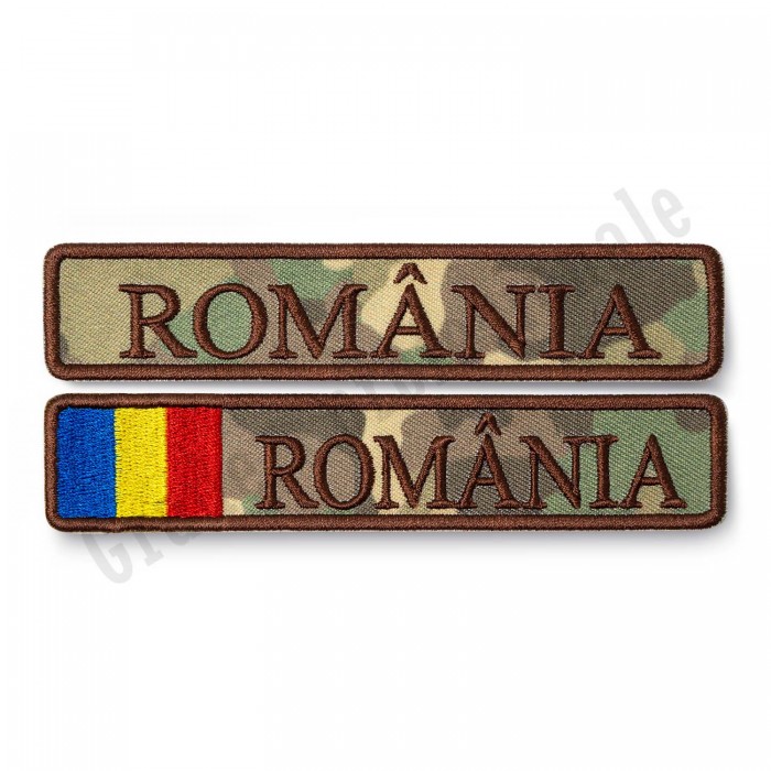 ecuson brodat cu text "ROMANIA" pe suport textil combat forte terestre