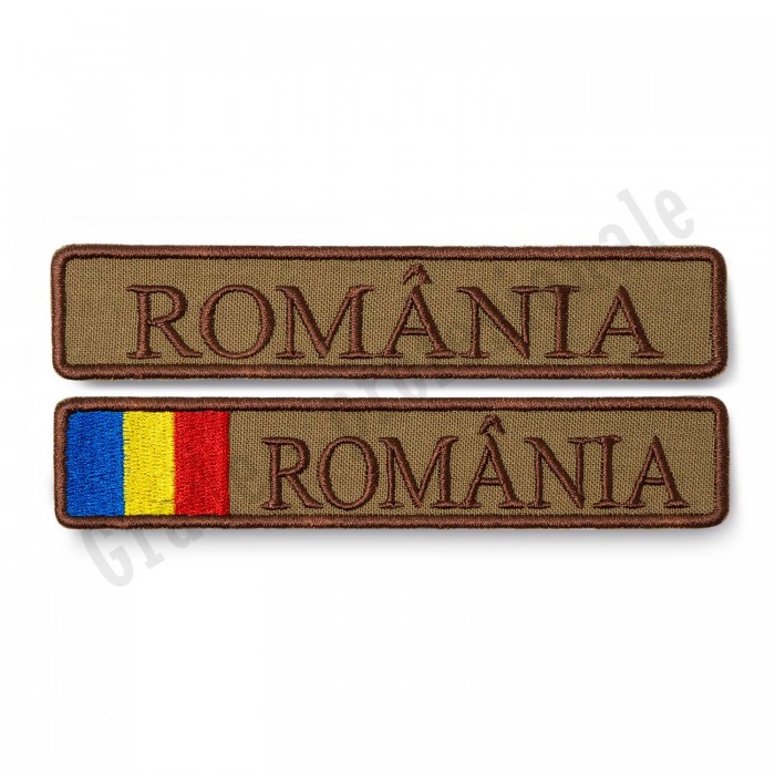 ecuson brodat cu text "ROMANIA" pe suport textil kaki forte terestre