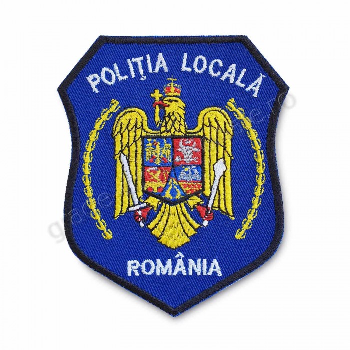 emblema politia locala 8 brodata pe suport textil albastru