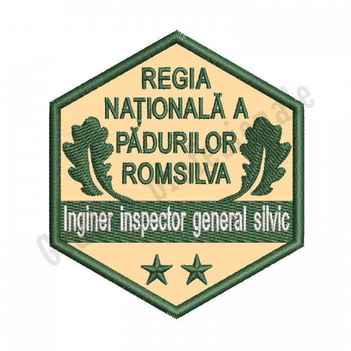 ecuson gradatie inginer inspector general silvic gradatia II brodat cu fir verde pe suport textil crem